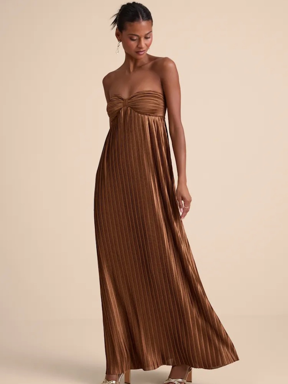 Lulu's Strapless Pleated Maxi Dress in Bronze